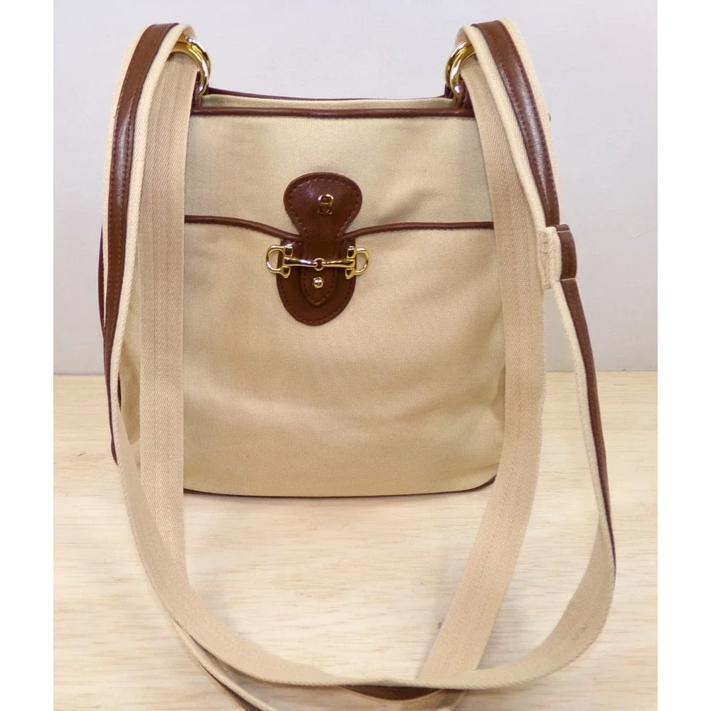 Etienne Aigner Canvas & Leather Handbag Purse Tan Brown Shoulder Bag